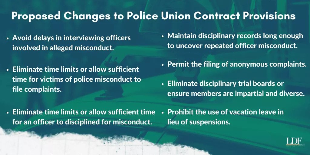 Proposed Changes to Police Union Contract Provisions: Avoid delays in interviewing officers invovled in alleged misconduct, eliminate time limits or allow sufficient time for victims of police misconduct to file complaints, eliminate time limits or allow sufficient time for an officer to disciplined for misconduct, maintain disciplinary records long enough to uncover repeated officer misconduct, permit the filing of anonymous complaints, eliminate disciplinary trial boards or ensure members are impartial and diverse, prohibit the use of vacation leave in lieu of suspensions